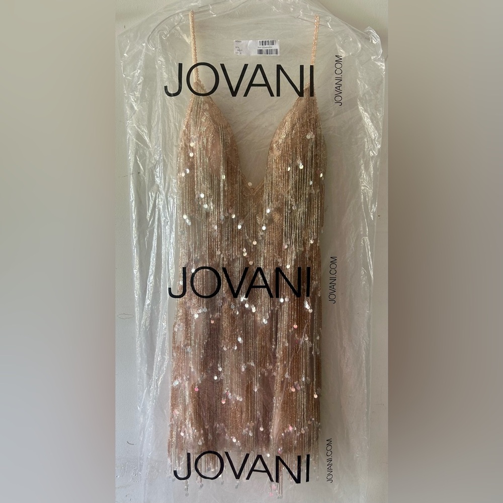 Jovani Tan Sequin Embellished Mini Dress V-Neck